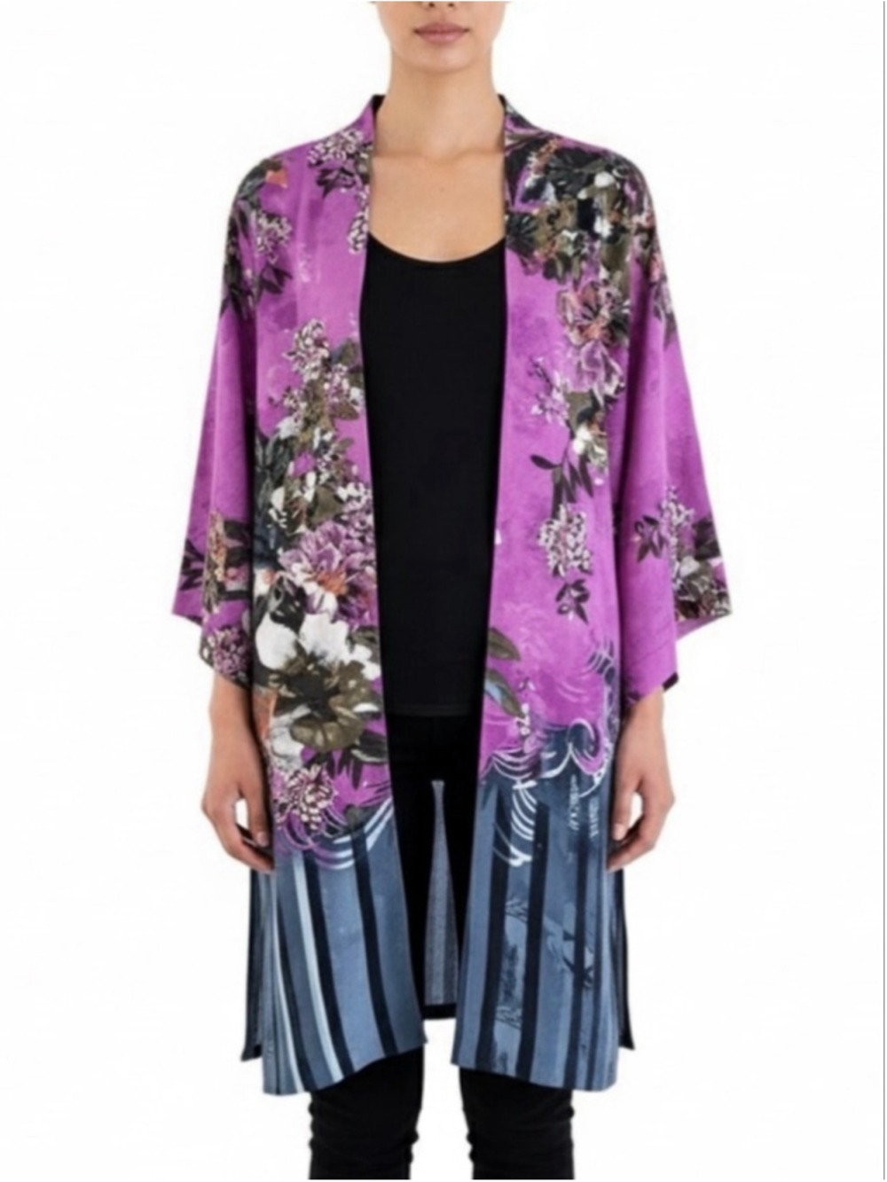 Peter Nygard Floral Kimono Duster Cardigan Jacket Size Large Pink Blue Lined - Picture 1 of 13